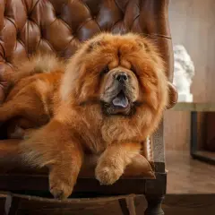 Puszysty chow chow w brązowym fotelu. Zastanawiasz się, chow chow ile żyje? Średnio 8-12 lat, ale ten wygląda na wiecznie młodego!