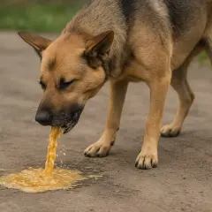 Smutny pies wymiotuje żółtą cieczą. Wygląda na to, że pies wymiotuje krwią, co jest niepokojącym objawem.