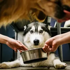 Siberian husky z niebieskimi oczami czeka na jedzenie. Dwie ręce trzymają miskę, a nad nim wisi inny pies. Ile nospy dla psa 10 kg?