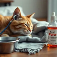 Chory kot odpoczywa, obok buteleczka "Fefer" i miseczka z wodą. Jak zbić gorączkę u kota domowym sposobem?