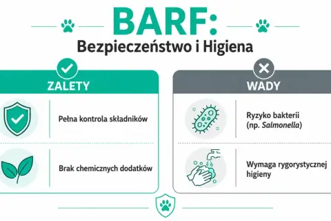 Zalety i wady diety BARF dla kota: pełna kontrola składników, brak dodatków chemicznych, ale ryzyko bakterii i konieczność rygorystycznej higieny.