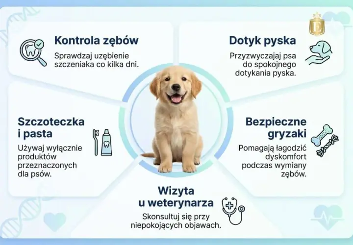 Uroczy szczeniak z uśmiechem, ilustrujący wskazówki dotyczące pielęgnacji zębów psa, w tym szczoteczki, pasty i gryzaków. Nie ma tu aparatu na zęby dla psa.