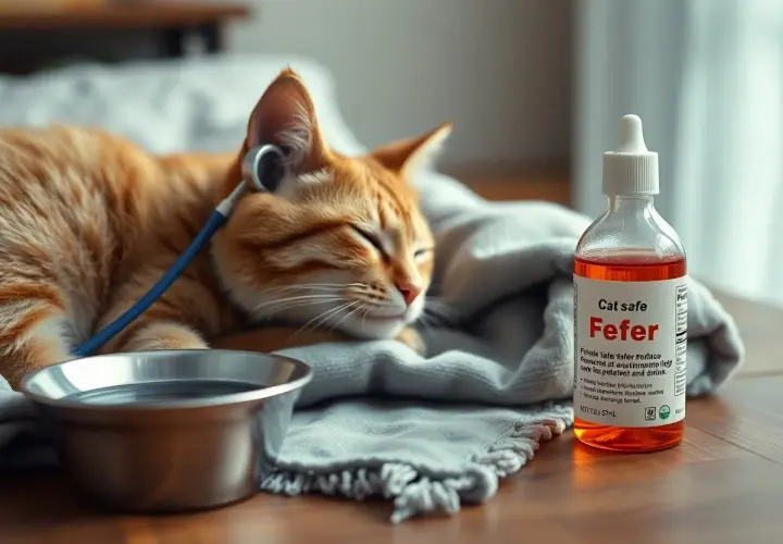 Chory kot odpoczywa, obok buteleczka "Fefer" i miseczka z wodą. Jak zbić gorączkę u kota domowym sposobem?