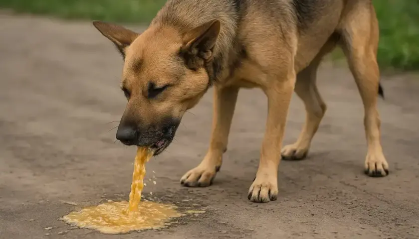 Pies ma odruchy wymiotne, z pyska leci żółta wydzielina, ale jeszcze nie wymiotuje.