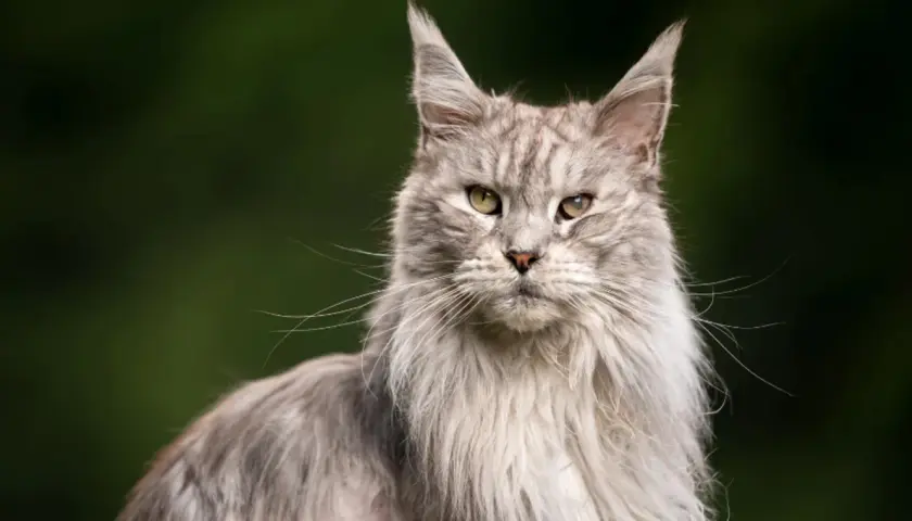 Majestatyczny kot Maine Coon, z długą, szarą sierścią i przenikliwym spojrzeniem. Zastanawiasz się, ile żyją koty tej rasy?