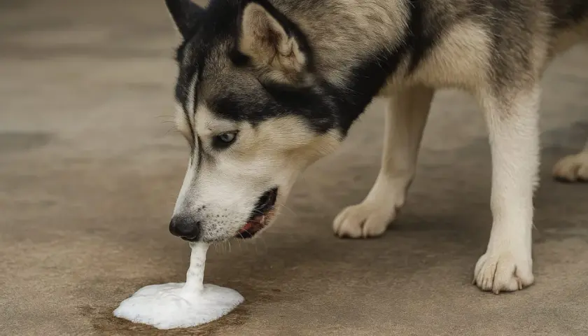 Siberian husky pies wymiotuje pianą na beton.