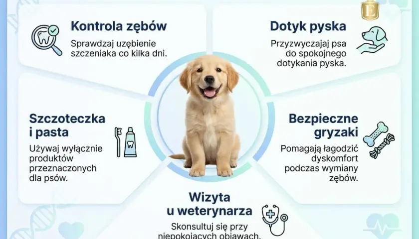 Uroczy szczeniak z uśmiechem, ilustrujący wskazówki dotyczące pielęgnacji zębów psa, w tym szczoteczki, pasty i gryzaków. Nie ma tu aparatu na zęby dla psa.