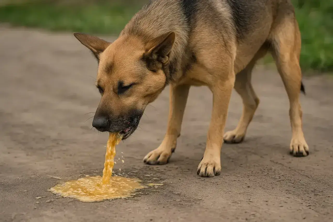 Pies ma odruchy wymiotne, z pyska leci żółta wydzielina, ale jeszcze nie wymiotuje.