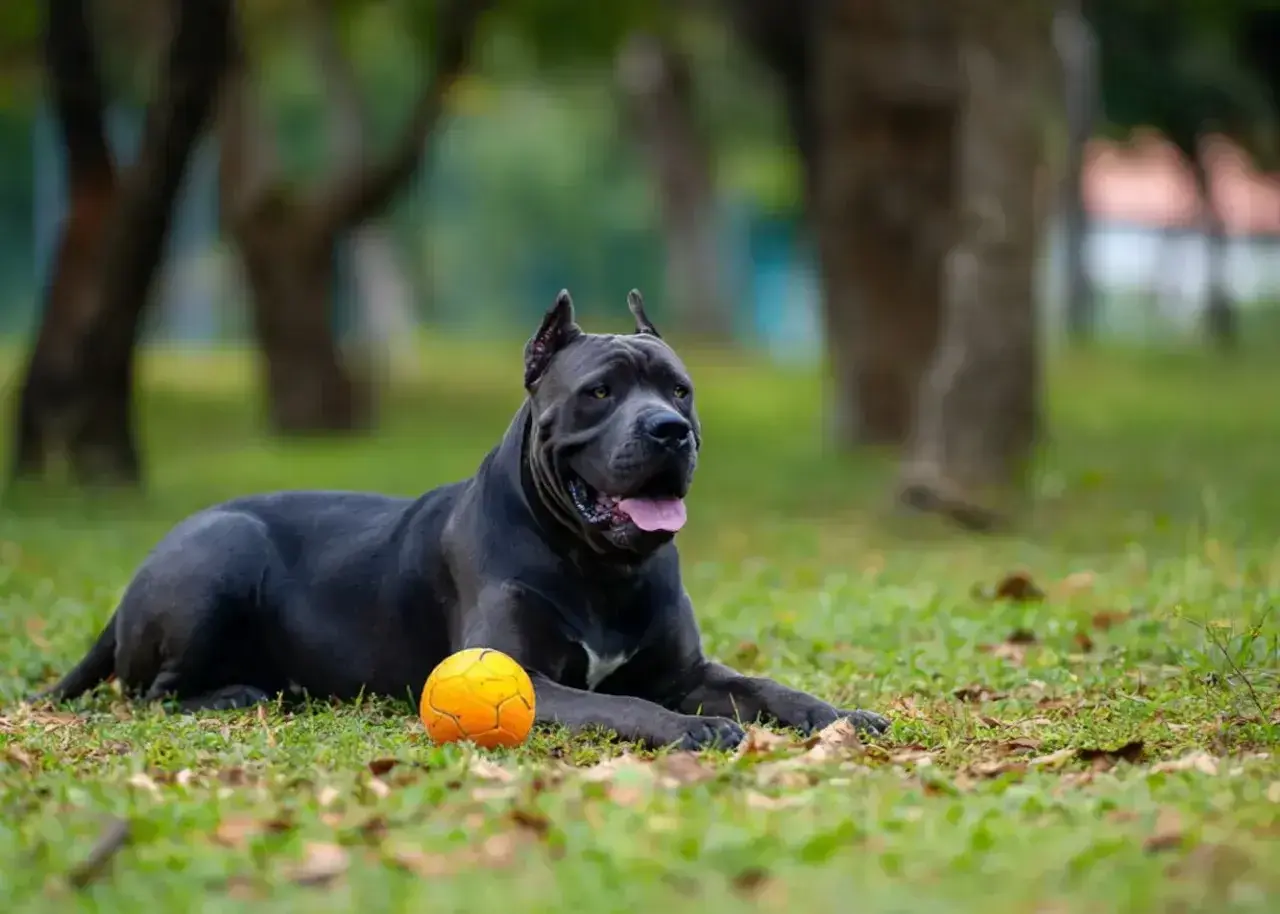 Potężny cane corso leży na trawie obok pomarańczowej piłki. Jego waga jest imponująca, świadczy o sile i zdrowiu.
