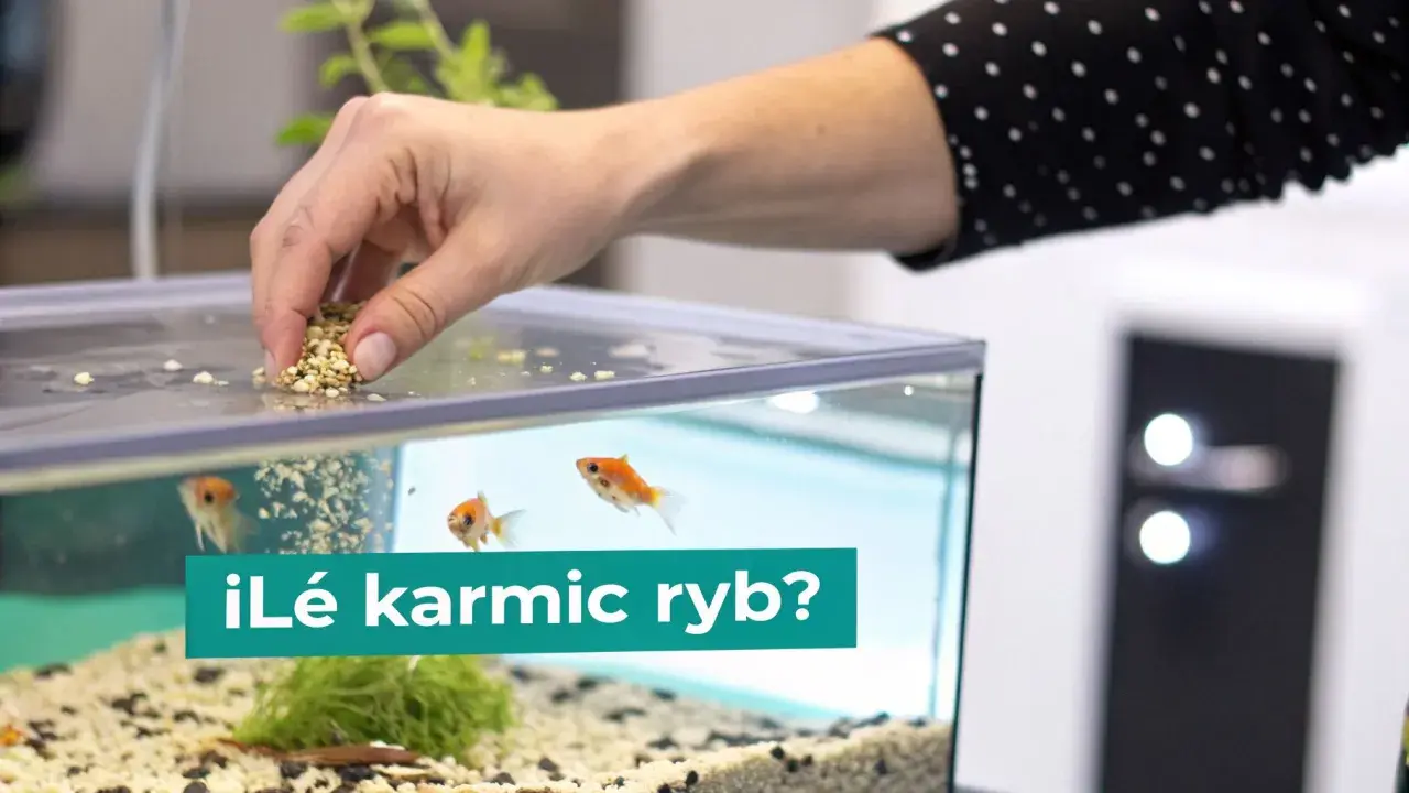 Dłoń wsypuje pokarm do akwarium, gdzie pływają złote rybki. Zastanawiasz się, co jedzą ryby?