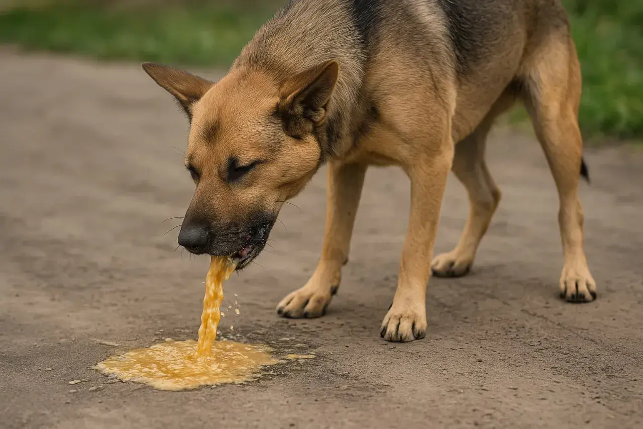 Smutny pies wymiotuje żółtą cieczą. Wygląda na to, że pies wymiotuje krwią, co jest niepokojącym objawem.