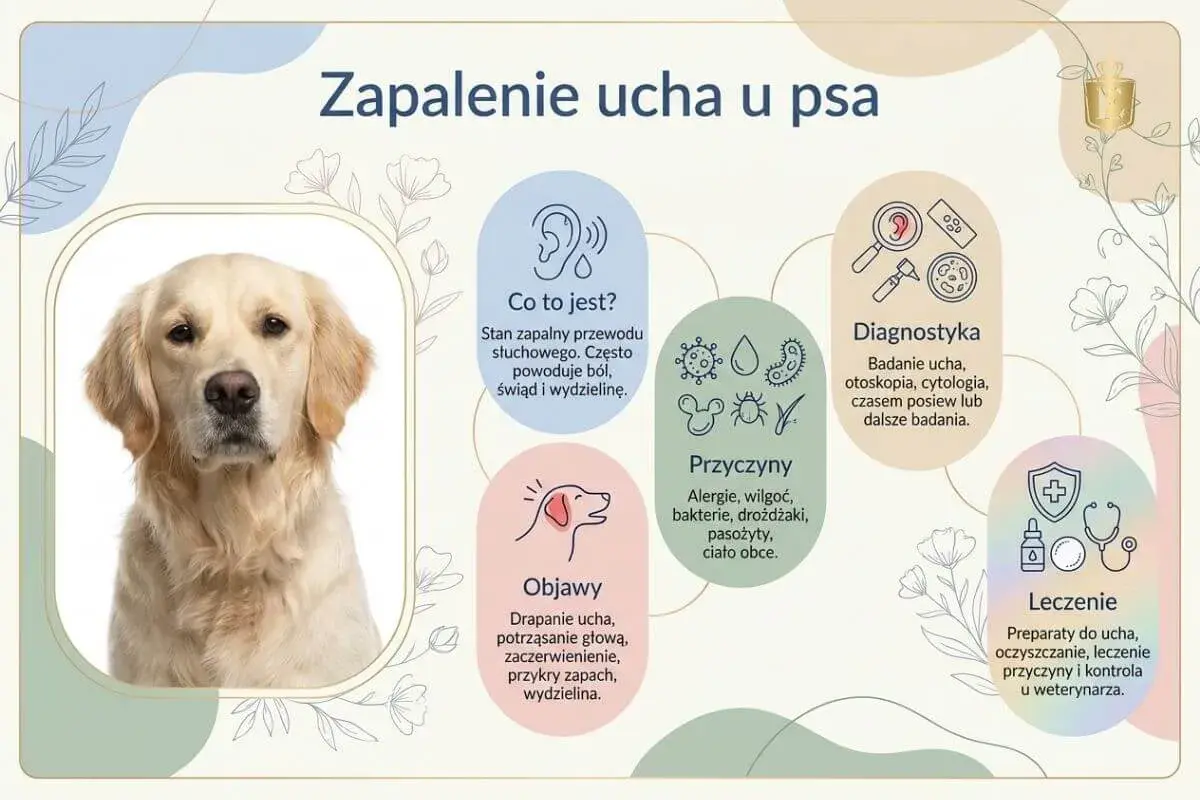 Golden retriever z zapaleniem ucha. Infografika opisuje objawy, przyczyny, diagnostykę i leczenie zapalenia ucha u psa.