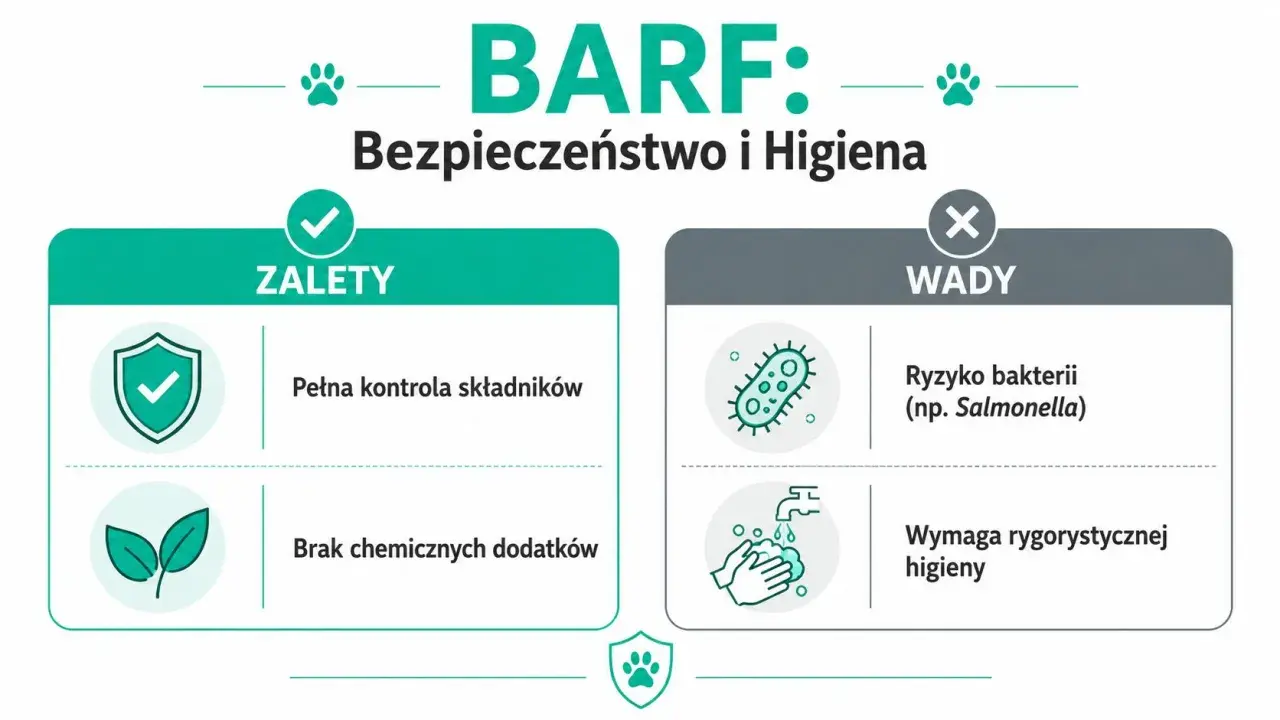 Zalety i wady diety BARF dla kota: pełna kontrola składników, brak dodatków chemicznych, ale ryzyko bakterii i konieczność rygorystycznej higieny.