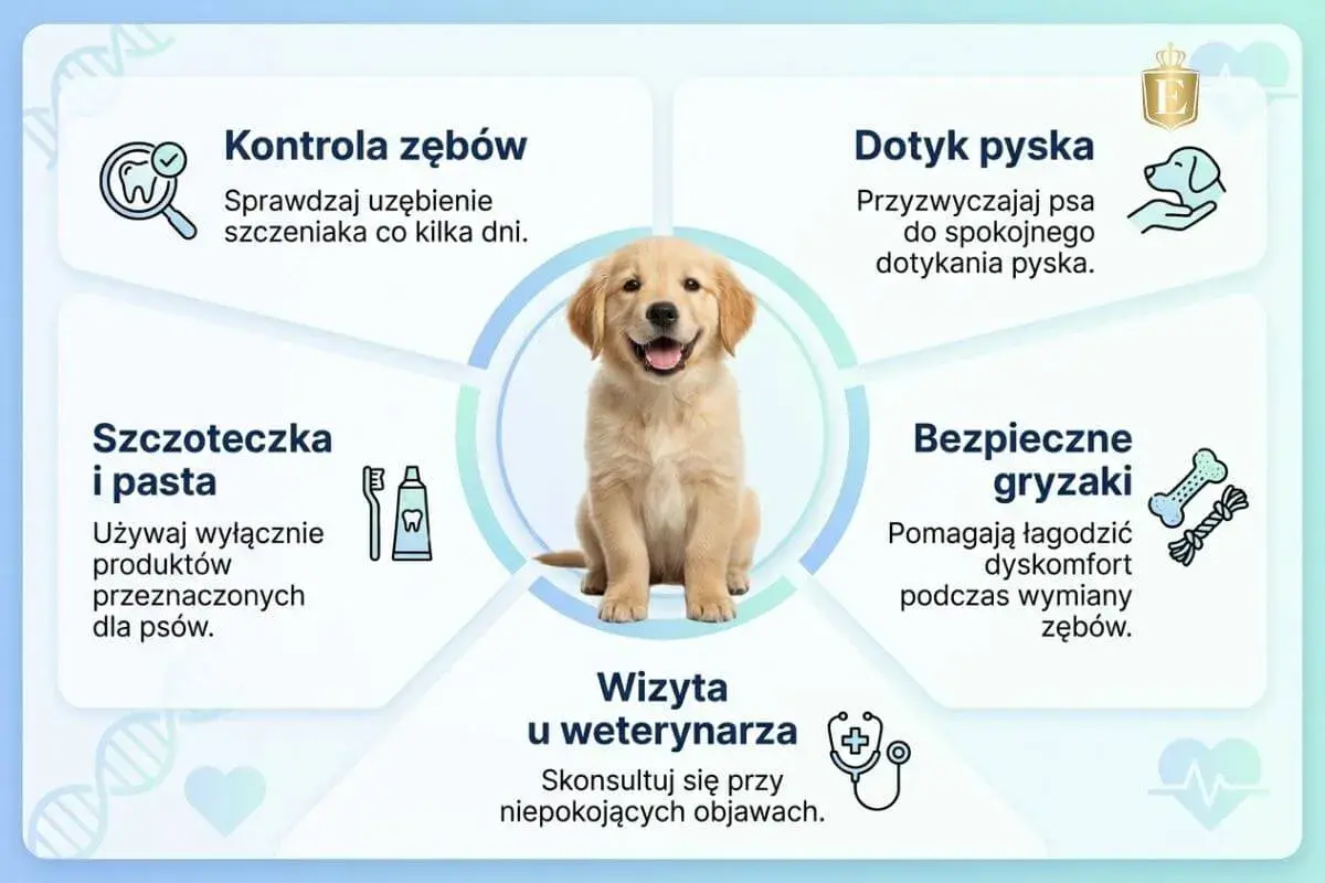 Uroczy szczeniak z uśmiechem, ilustrujący wskazówki dotyczące pielęgnacji zębów psa, w tym szczoteczki, pasty i gryzaków. Nie ma tu aparatu na zęby dla psa.