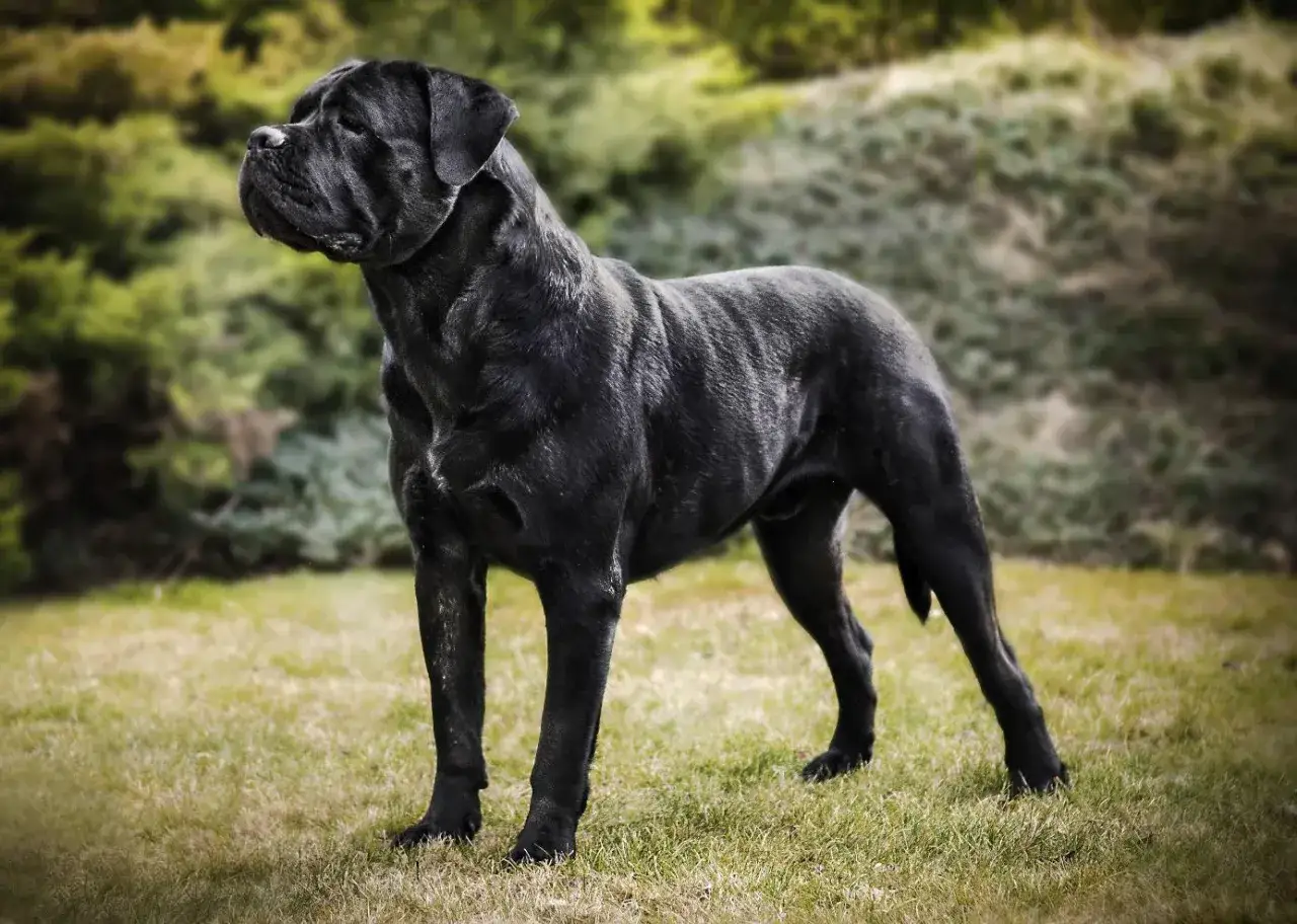 Potężny czarny cane corso stoi na trawie. Wśród wielu cane corso kolory sierści mogą się różnić, ale ten jest jednolicie czarny.