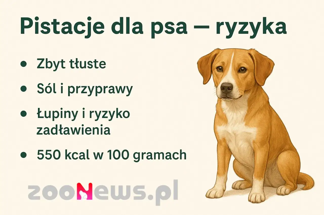 Czy pies może jeść pistacje? Obraz ostrzega przed ryzykiem: tłuszcz, sól, łupiny i zadławienie.