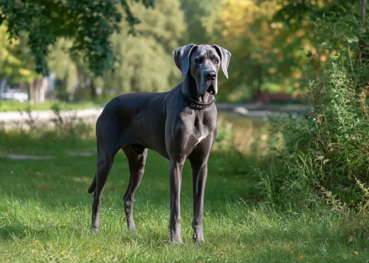 Duży, szary dog niemiecki stoi na trawie. Ile żyje dog niemiecki? Średnio 8-10 lat.