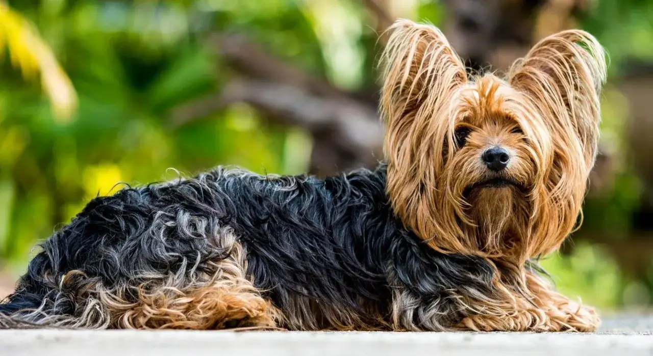 Uroczy yorkshire terrier z długą, falującą sierścią w odcieniach złota i czerni. Idealny przykład, jak powinien wyglądać rasowy york.