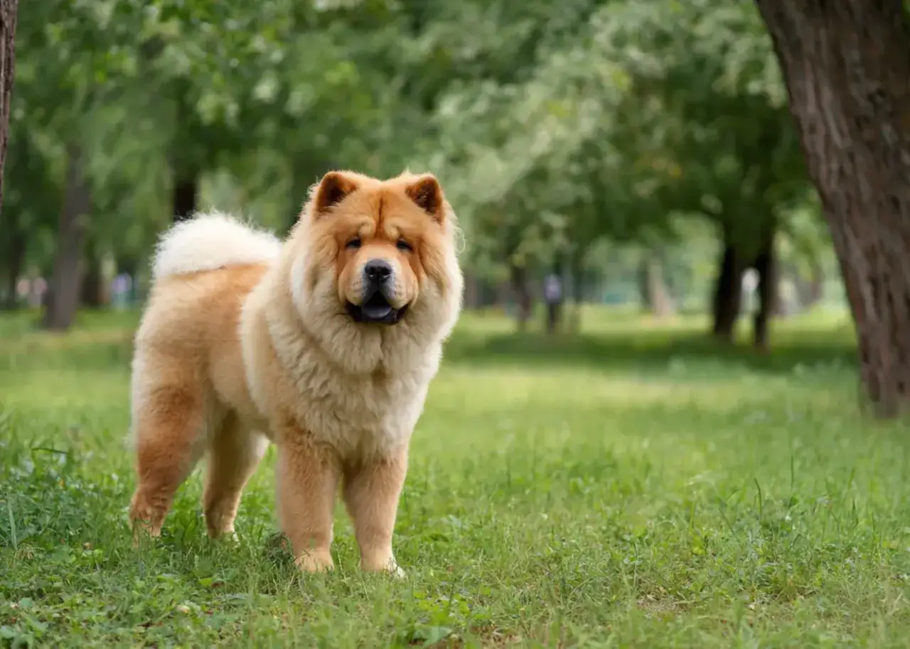 Puszysty chow chow, niczym mały lew, dumnie prezentuje się na tle zielonego parku.
