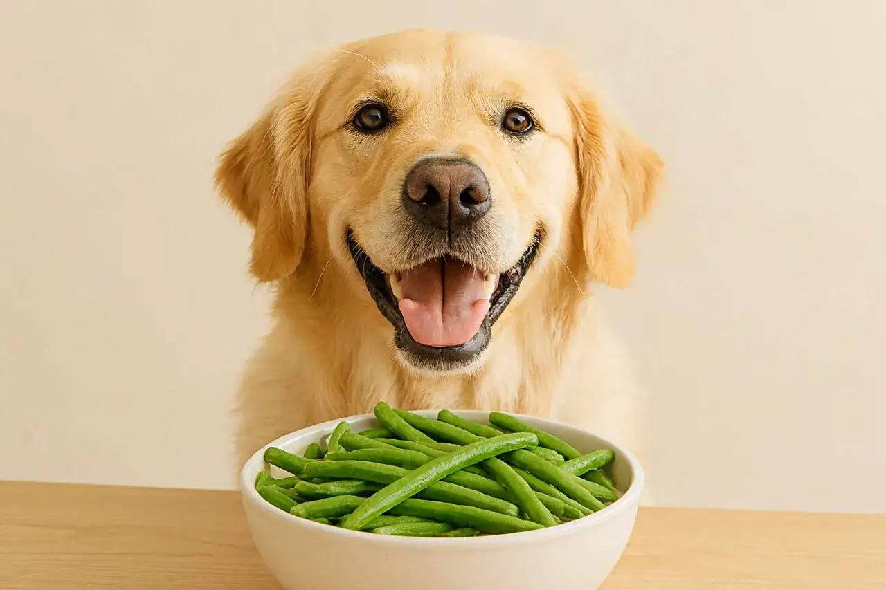 Uśmiechnięty golden retriever patrzy na miskę fasolki szparagowej, zastanawiając się, czy pies może jeść fasolę.